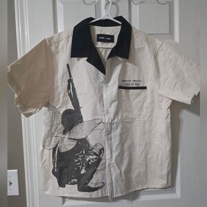 Homme + Femme Child Of War Short Sleeve Collared Button Down Cotton Shirt, EUC!